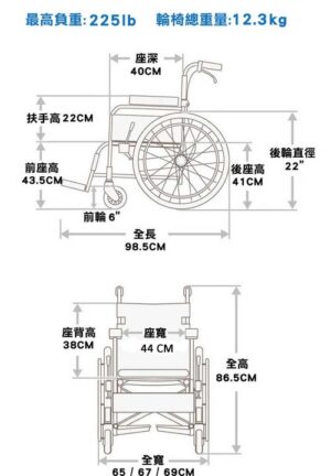 輪椅王 日本品牌Miki ST43JL-22手推輪椅的技術圖表顯示尺寸（以公分為單位）以及重量限制（以公斤和磅為單位）。