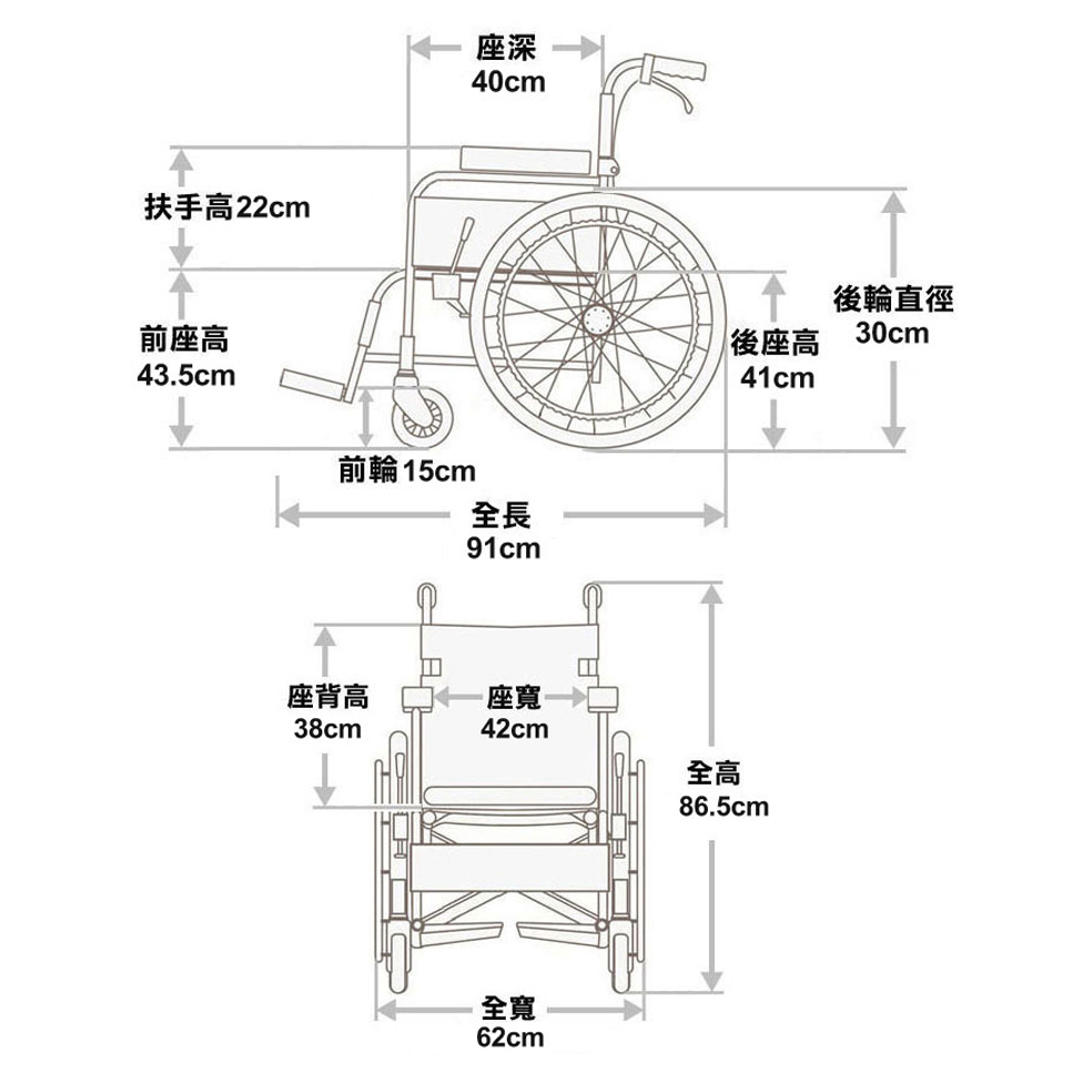 輪椅王 Miki 輪椅的技術圖，帶有日語標籤的尺寸，顯示座椅深度、把手高度、前輪、後輪、總長度、座椅寬度和靠背高度的尺寸。這款來自著名日本品牌的高品質日本ブランドMiki MO43JL-16(N)手推輪椅可確保精確性和舒適性。日本MIKI MOCC-43-JL DX