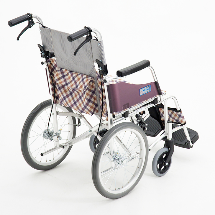 輪椅王 日本品牌Miki MO43JL-16(N)手推輪椅，來自日本著名品牌Miki，從後面看，其特點是格子圖案的座椅和靠背、帶手輪的大後輪和較小的前腳輪。日本MIKI MOCC-43-JL DX