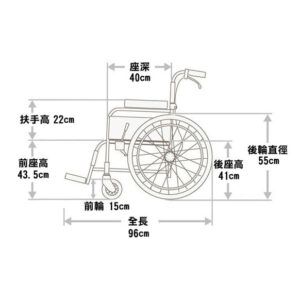 輪椅王 日本品牌 Miki ET-22 骨科腳架輪椅示意圖，測量單位為公分。尺寸包括座椅深度 (40 公分)、後輪直徑 (55 公分)、總長度 (96 公分) 以及標記的各種其他規格，展示了與這個著名日本品牌相關的精度和品質。