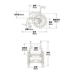 輪椅王 雅健OML11手推輪椅示意圖，日文尺寸：座椅深度41厘米，靠背高度46厘米，扶手高度22厘米，前輪15厘米，整體高度87厘米，寬度60厘米，長度90厘米，座椅寬度44.5厘米。