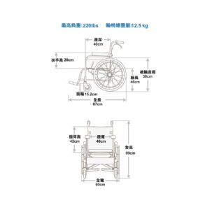 輪椅王 日本品牌Miki WPT63-JL多功能手推輪椅的示意圖，以英吋和公分為單位進行詳細測量，以及最大承重能力（220磅、100公斤）和淨重（12.5公斤、27.5磅）的標籤。