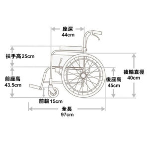 輪椅王 日本品牌Miki FR43JD-16 手推輪椅示意圖，標註尺寸：座椅深度44 厘米，扶手高度25 厘米，前座高度43.5 厘米，前輪直徑15 厘米，總長度97 厘米，後座高度45 厘米，後輪直徑40 公分。