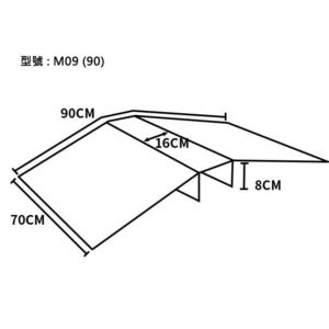 輪椅王 幾何結構圖，標示為貨運板 M09 (40)，尺寸：90 厘米 x 70 厘米，指示高度為 16 厘米和 8 厘米。