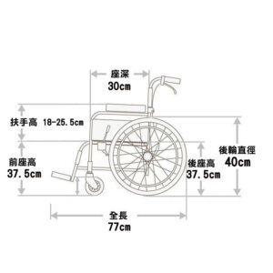 輪椅王 Miki MPT-60 輪椅示意圖，標有各種尺寸，包括座椅深度 (30 厘米)、前後座椅高度 (37.5 厘米)、總長度 (77 厘米)、手柄高度 (18-25.5 厘米) 和車輪直徑（ 40 公分）。這款日本品牌 Miki MPT-60-(ER)SW 手推輪椅體現了日本在助行器方面的工藝。