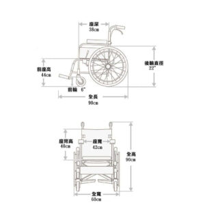 輪椅王 日本品牌中金WNA652手推輪椅的技術圖，展示了各種尺寸的詳細測量結果，包括座椅深度、座椅寬度、座椅高度、前輪和後輪直徑以及整體長度和寬度。