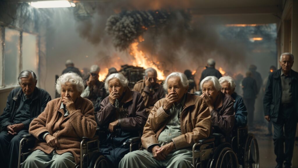 輪椅王 一群老人（其中一些坐著輪椅）坐在走廊上進行院舍走火逃生演習。他們摀住鼻子和嘴巴，背景著火，產生煙霧。