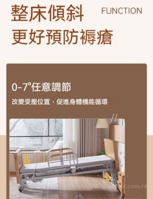 輪椅王 房間內的可調式德國品牌病床，型號為 WCTK650，具有令人印象深刻的 0-7° 傾斜度。這款自動電動護理床透過其自動旋轉機構有助於預防壓瘡並促進身體循環。