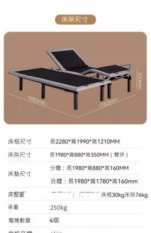 輪椅王 可調式床架的插圖，註明了尺寸，展示了床的傾斜和平放位置。這款德國品牌1.8M床寬型號具有雙可調機構，承重能力為250公斤，並包含無線遙控WC820。中文規格包括尺寸和 4 個馬達。