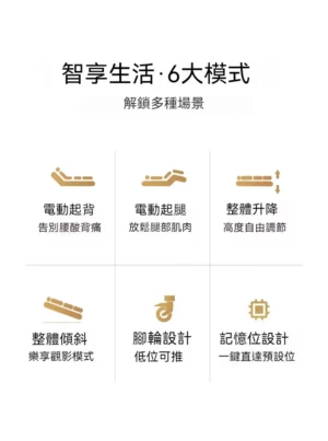 輪椅王 標題為“享受生活：6種模式”的中文資訊圖展示了六個圖標，並帶有各自的標題：1）電梯輔助，2）電動腿部抬升，3）同步抬高，4）傾斜輔助， 5）足部抬升設計，以及6）內存一鍵操作定位。非常適合寬度 1.05 的 WC800 德國品牌床