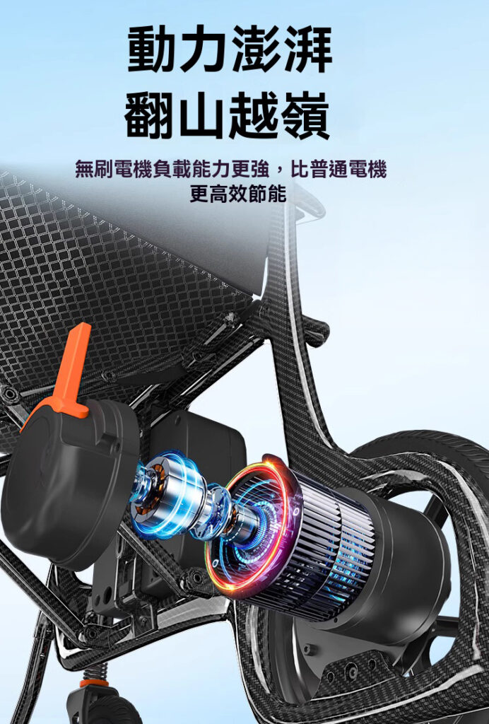 輪椅王 技術插圖圖片顯示了電動馬達的內部機制，並用中文描述了比傳統電動馬達更高的效率和負載能力。