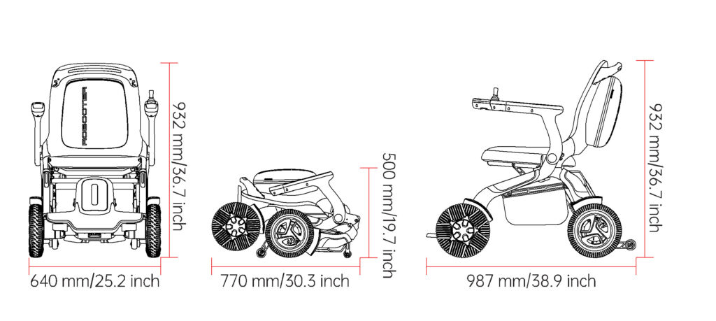 輪椅王 插圖展示了緊湊型可折疊以色列ATTO SPORT MAX 機動滑板車，尺寸為：高 932 毫米（36.7 英寸）、寬 640 毫米（25.2 英寸）、座椅高度 500 毫米（19.7 英寸）和 987 毫米（38.9 英寸）長度。