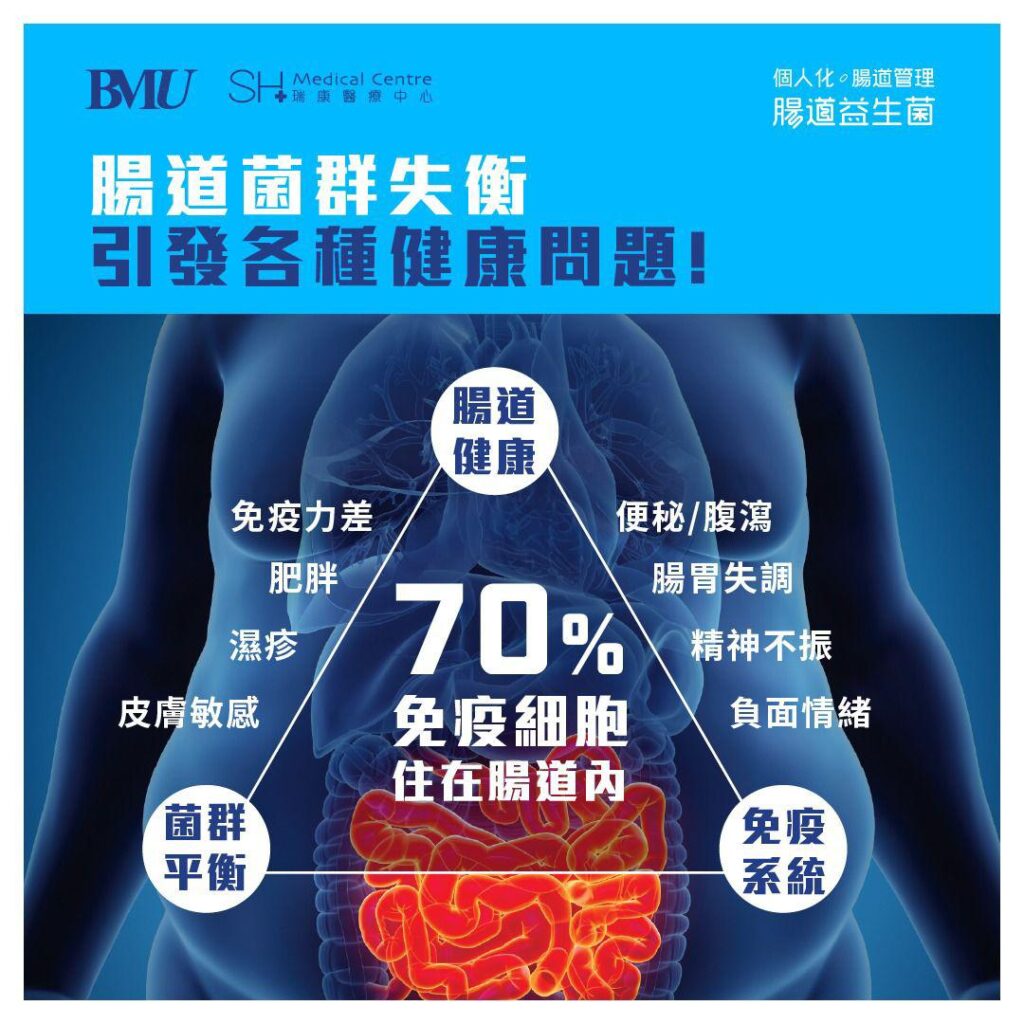 輪椅王 資訊圖表顯示了突出顯示腸道的人體軀幹。文本討論了腸道細菌失衡和相關的健康問題，例如肥胖、便秘和皮膚敏感。提到腸道中70%的免疫細胞，並建議考慮度身修製破壞益生菌來提供個人化的益生菌解決方案。