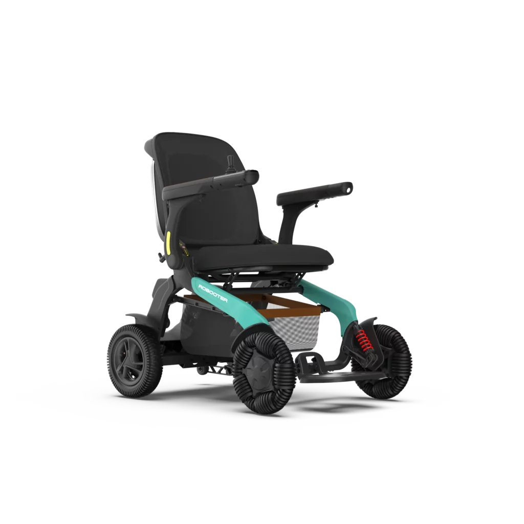 輪椅王 Robotter X60 是一款青色和黑色電動輪椅，採用現代設計，配有四個堅固的輪子和扶手。