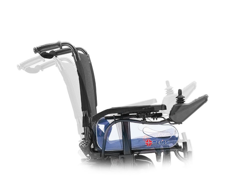 輪椅王 優點 WCP200多功能可調式電動輪椅具有多種位置的可調式靠背機構。藍色座椅靠背部分無縫連接到一側的黑色扶手和操縱桿控制器。