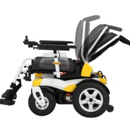 輪椅王 白色和黃色的 Merits WC210（14 寸後輪）電動輪椅以各種傾斜位置展示。