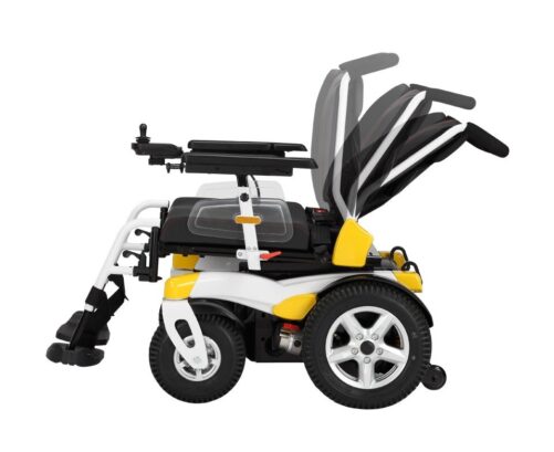 輪椅王 白色和黃色的 Merits WC210（14 寸後輪）電動輪椅以各種傾斜位置展示。