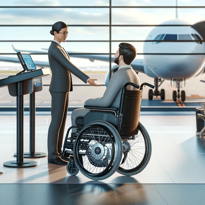 輪椅王 一名坐在輪椅上的男子與機場登機口櫃檯的工作人員交談，討論電動輪椅上飛機計劃，透過背景的窗戶可以看到一架飛機。