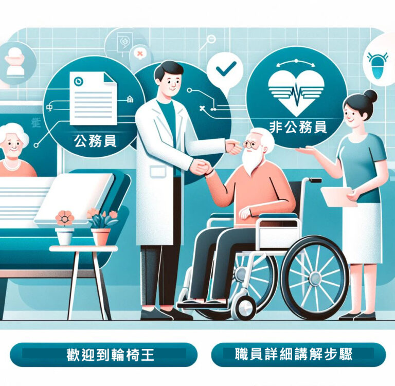 輪椅王 醫生與坐輪椅的老人互動。附近的圖標描繪了為公務員和非公務員提供的服務。另一個人拿著寫字板站著。中文標籤物品，包括政府資助購買的醫療器材。
