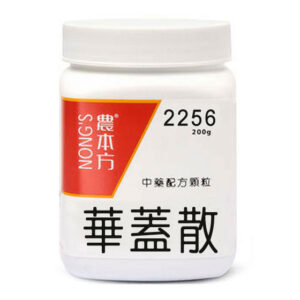 【香港中醫網】 白色塑膠容器，上半部有紅色標籤，顯示「NONG'S 2256 200g」。下半部有中文文字：「農本方華蓋散HUA GAI SAN」。該容器可能裝有藥物或草藥產品。