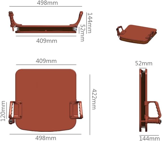 【輪椅王】 符合人體工學的電動電梯墊椅墊的詳細示意圖，尺寸為：寬 409 毫米、長 498 毫米、高 52 毫米；手柄延伸 144 毫米。座椅區域寬 409 毫米，長 422 毫米，手柄寬度 120 毫米，具有不同角度的細節。坐墊顏色為紅棕色。