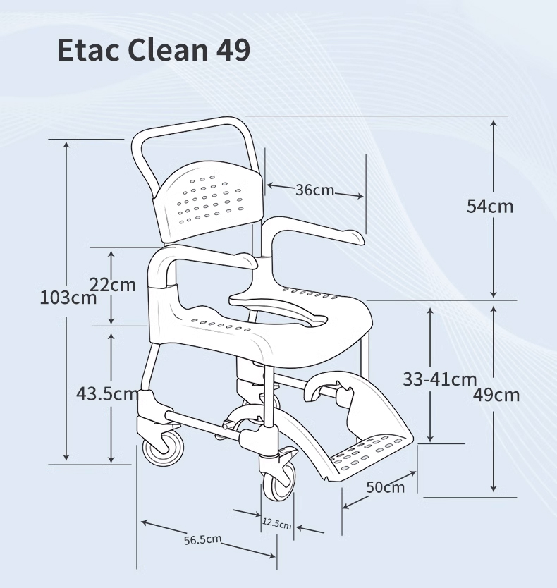 【輪椅王】 瑞典ETAC CLEAN有輪沐浴便椅（可調高度）的插圖，具有指定尺寸。這張椅子的靠背高度為54厘米，座椅高度為49厘米，座椅寬度為36厘米，座椅深度為43.5厘米。它還具有可調節扶手和四個輪子以方便移動。