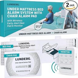 【輪椅王】 該圖片顯示了一款名為「Lunderg 老年人床墊床下警報器和椅子警報器套裝」的產品。它包括無線早期警報感測器墊和監視器。包裝插圖還描繪了一位坐在床上的老人，強調了易用性。此套裝有 2 件裝。