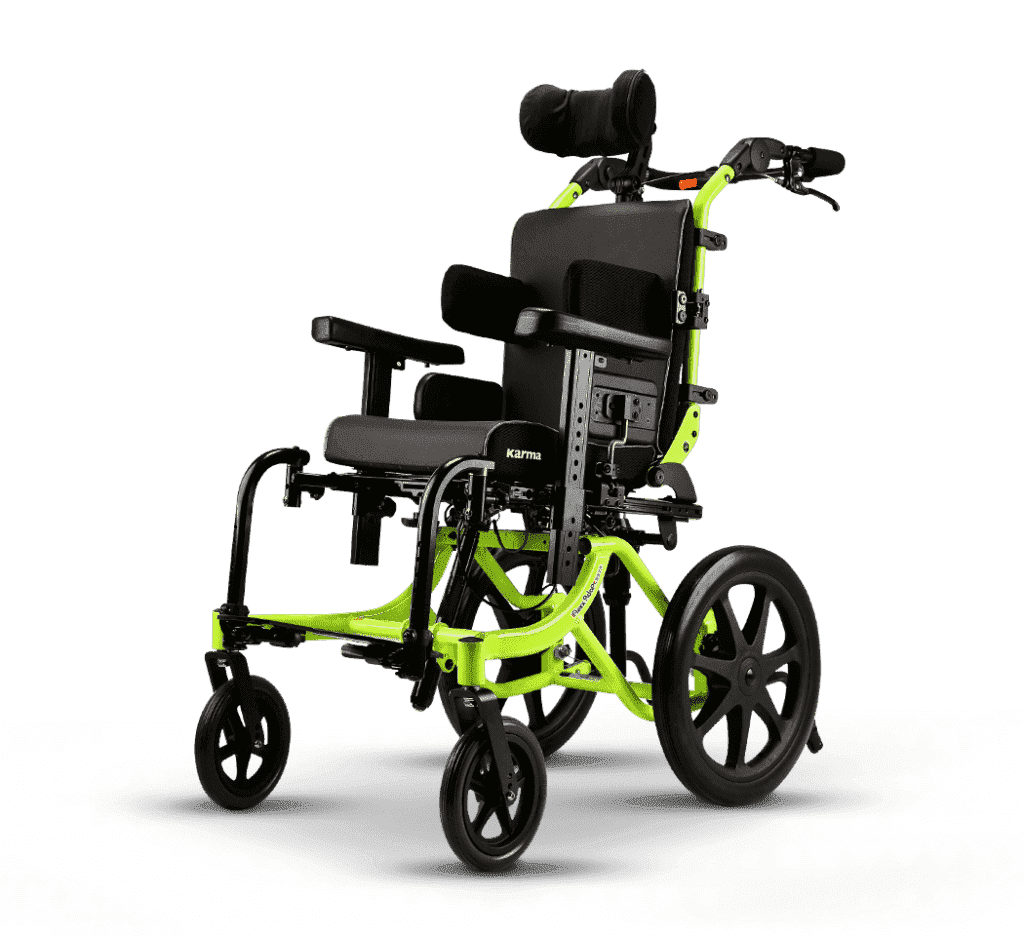 【輪椅王】 隆重介紹 KARMA FLEXX ADAPT，這是一款專為兒童設計的黑色和霓虹綠輕型手動輪椅。它具有支撐性高靠背、可調節頭枕和軟墊扶手。憑藉大後輪、小前輪以及多種舒適調節選項，它無縫陪伴您孩子的成長之旅。