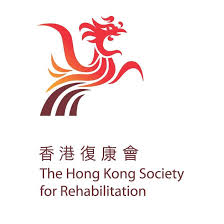 輪椅王客戶 香港復康會標誌，該組織的中英文名稱上方有一隻風格化的紅色和橙色鳳凰。
