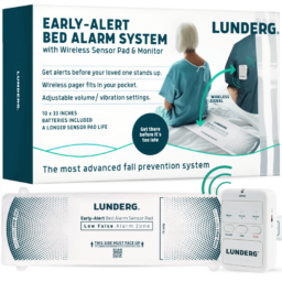 【輪椅王】 Lunderg 底座下床警報器盒適用於無線感應墊和監視器的裝置。盒子上展示了一名護理人員使用顯示器的圖像，以及一名坐在床上、下方裝有感測器墊的老年人的圖像。此床警報器具有可調整的音量和低誤訊區的特性。