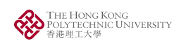 輪椅王客戶 香港理工大學標誌，左側為栗色交織幾何圖案，右側為大學英文及繁體中文名稱「香港理工大學」。