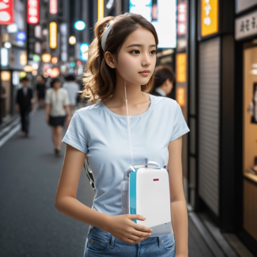 【輪椅王】 夜晚，一名身穿淺藍色襯衫、頭戴髮帶的年輕女子走在燈火通明的城市街道上。她拿著一個移動氧氣濃縮器，有一個管子通往她的鼻子。背景是模糊的店面和人物。