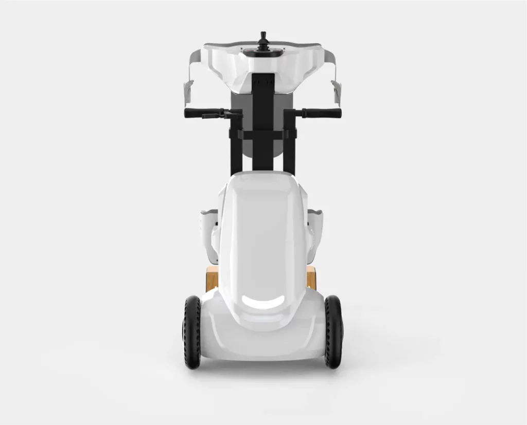 【輪椅王】 一款白色緊湊型機動踏板車，採用簡約設計，從前面看，具有兩個大後輪和一個轉向把手，類似於用於日常復健和移動的創新 XZ-Droid 智慧站立輪椅。