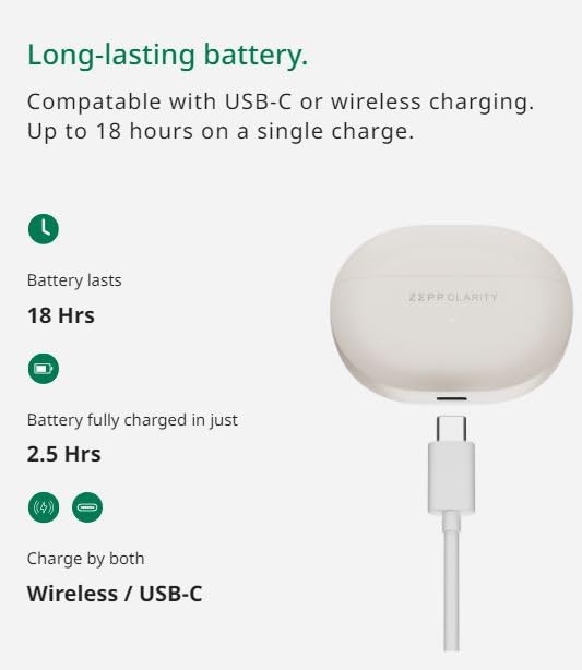 【輪椅王】 圖片顯示帶有文字突出顯示功能的無線充電器：全天電池續航力：一次充電即可享受長達18 小時的水晶般清晰的續航體驗，快速USB-C 充電功能可確保您的裝置快速恢復使用，與USB 相容-C或無線充電，2.5小時充滿電。