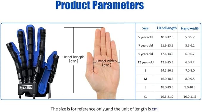 【輪椅王】 顯示 SYREBO 手套產品參數的圖片，其中包含 5 至 XL 歲兒童的手長和寬度尺寸（以公分為單位），旁邊有一隻手可供參考。這些長者手指復健訓練手套有助於改善晨僵、腫脹和活動受限等症狀。