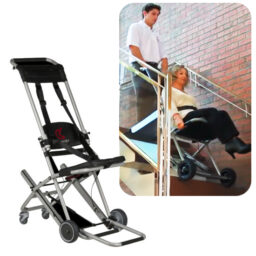 【輪椅王】 顯示了樓梯升降椅。插圖顯示一個人正在使用【樓梯逃生椅】英國品牌 Evacuscape UK - EC2 樓梯機協助另一個人走下樓梯。