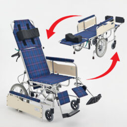 【輪椅王】 多功能日本ブランドMiki MSL-T(16")高背輪椅(輪椅王型號：HB 16)，可轉換成平板位置，配有藍色格子坐墊、可調節腳踏板和側面安全面板。箭頭表示轉換過程機制。