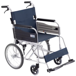 【輪椅王】 日本品牌MIKI MPTC-46JL (藍)手推輪椅(輪椅王型號：ST43JL-16 (B)) 是一款藍色和銀色手動輪椅，具有大後輪、小前輪和腳踏板。