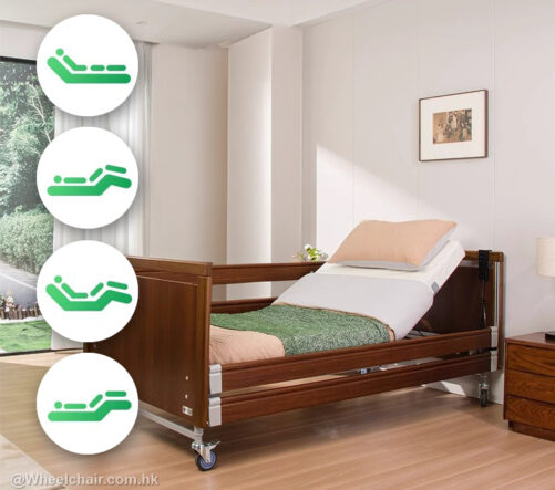 【輪椅王】 德國品牌可調式床高四功能電動護理床 WCSN100（出口版）採用木質框架，頭部、腳部和整體高度可調整。左側的控製圖示顯示床調整選項。房間裡有白色的牆壁、藝術品和可欣賞戶外景色的窗戶。
