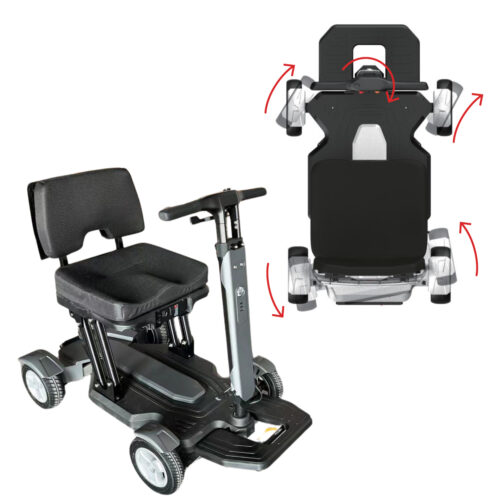 【輪椅王】 黑色 Mijo MA01 四輪轉向電動輪椅，配有四個輪子、一個軟墊座椅和靠背，旁邊還有說明其折疊機制的俯視圖。