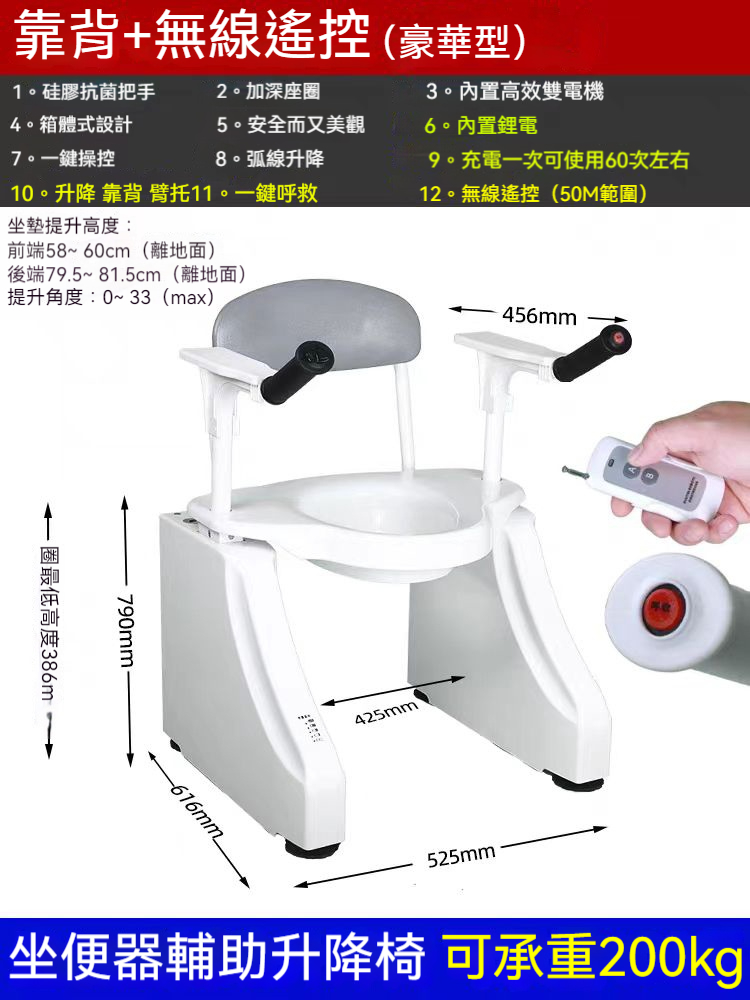 【輪椅王】 白色 SLD 坐便器升降椅，上面覆蓋了尺寸和承重細節，配有可調式扶手和遙控器，旨在幫助坐和站，承重能力可達 200 公斤。