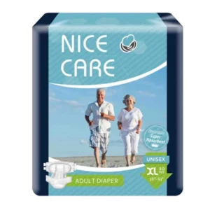 【輪椅王】 Nice Care 安心寶套裝 – 至尊裝成人紙尿片（加大），XL 尺寸，印有一對老年夫婦在海灘上散步的圖像。這款原廠盒內含 8 包，每包 10 件，舒適安全，讓您安心無憂。