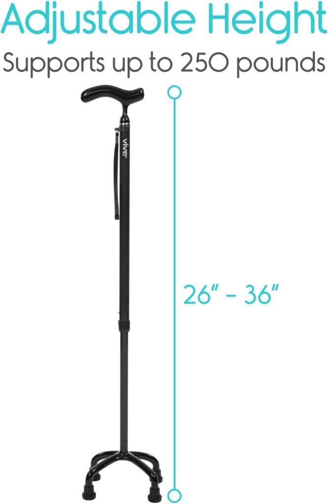 【輪椅王】 Vive 超輕量四腳手杖是一款可調式手杖，帶有四腳底座，可支撐 250 磅的重量。高度範圍為 26 至 36 英吋。