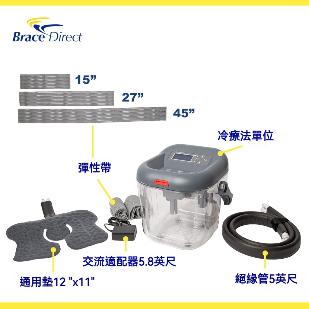【輪椅王】 冷卻治療裝置的圖像，帶有標籤組件：15"、27" 和 45" 鬆緊帶、適配器、12"x11" 通用墊和 5 英尺軟管。品牌名稱“Brace Direct 多合一數字”熱和冷療裝置（附萬用墊- 有效的疼痛管理）」位於左上角。