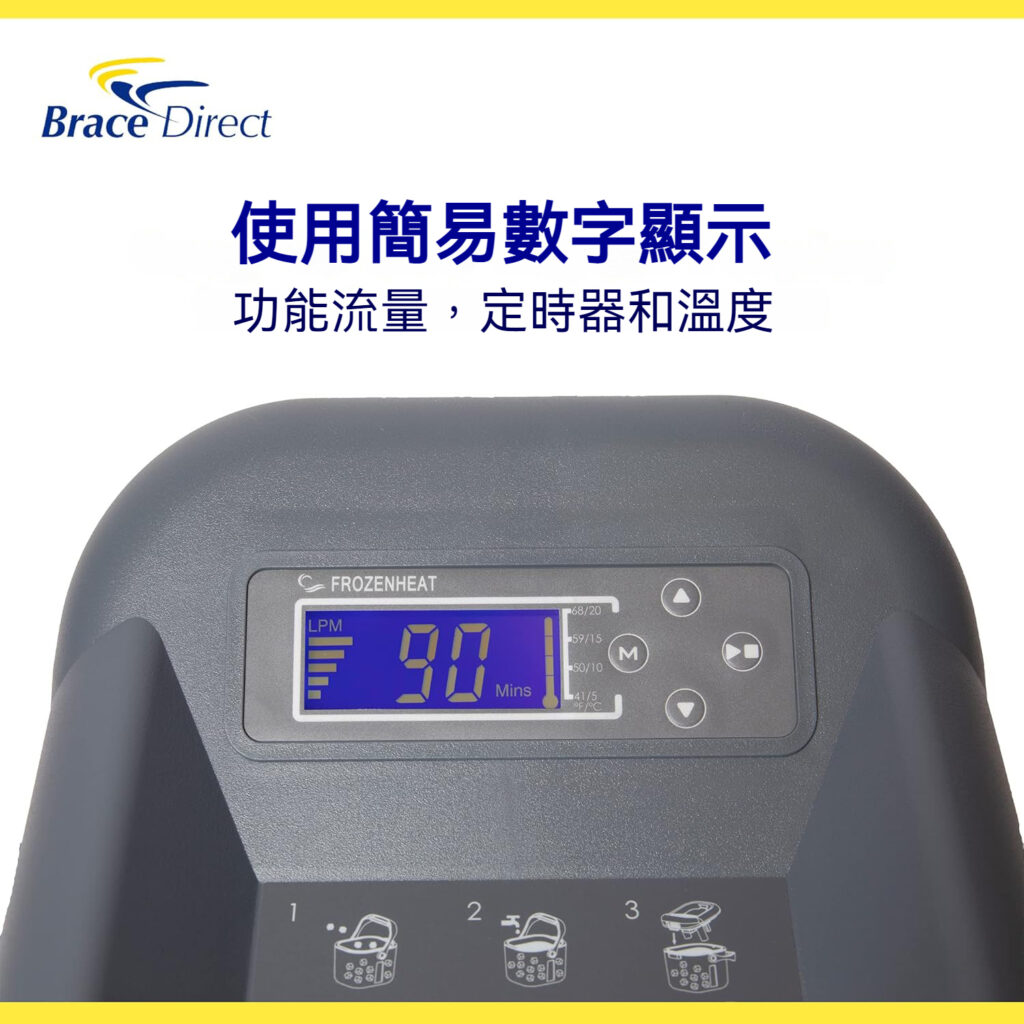 【輪椅王】 Brace Direct多合一數字熱和冷療裝置（附萬用墊 - 有效的疼痛管理）上的數字顯示面板特寫，顯示9.0和各種功能指示器，上面有中文文字指示簡單的數字顯示、功能流程、計時器和溫度。