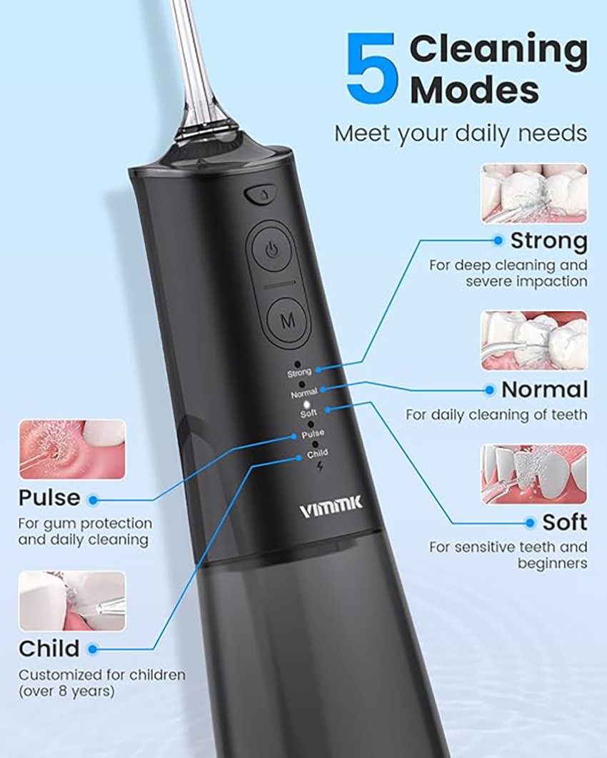 【輪椅王】 黑色電動牙刷，具有五種清潔模式：強力、正常、柔和、脈衝和兒童。描述顯示用於不同的牙齒需求，包括深層清潔、牙齦保護和敏感牙齒。搭配便攜式充電式口腔沖洗器（9個噴嘴、5種型號 300ML IPX7防水），可獲得最佳口腔效果