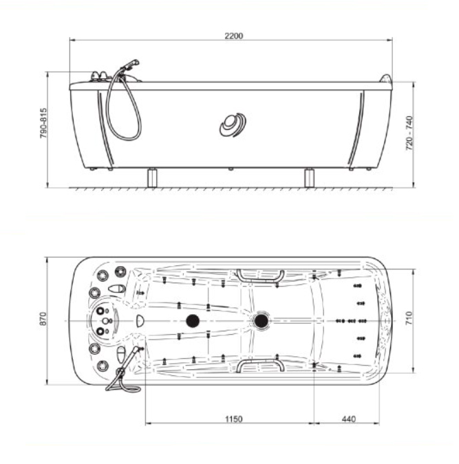 【輪椅王】 LAGUNA PLUS 浴缸的技術圖及尺寸。側視圖顯示長度為2200mm，高度為720-840mm。俯視圖顯示寬度為 870 毫米，並具有詳細的內部尺寸，非常適合安裝水力按摩浴缸。