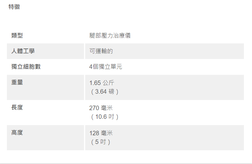 【輪椅王】 顯示腿部壓力治療機 WCLGT-2200SP 規格的螢幕截圖，包括重量、高度、長度以及人體工學設計和四個獨立氣囊等功能。