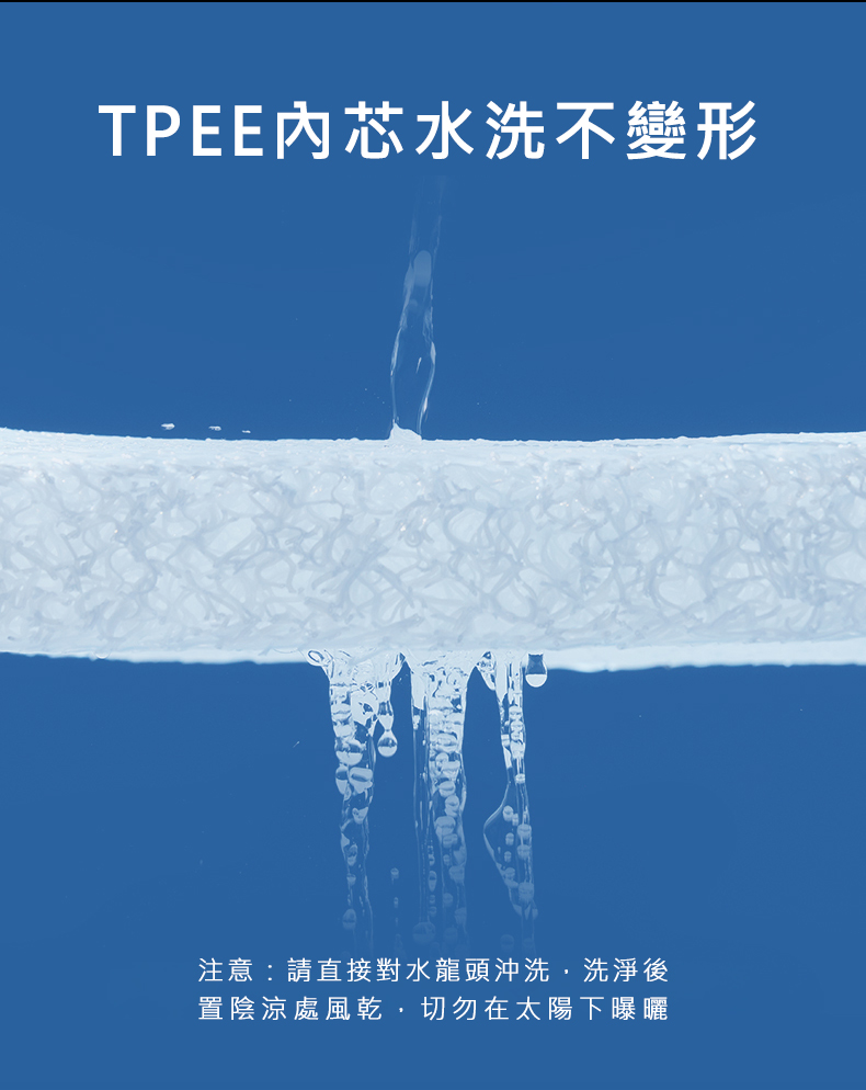 【輪椅王】 水流穿過白色材料的特寫，圖像上方和下方有中文文字。頂部文字提到「TPEE內芯水洗不變。德國品牌TPEE護頸椎助眠枕頭確保耐用性和舒適性。