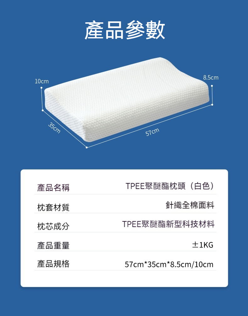 【輪椅王】 圖片顯示了德國品牌白色 TPEE 護頸椎助眠枕頭的日文規格。枕頭尺寸為 57 厘米 x 35 厘米 x 8.5 厘米/10 厘米，重量約為 1 公斤。